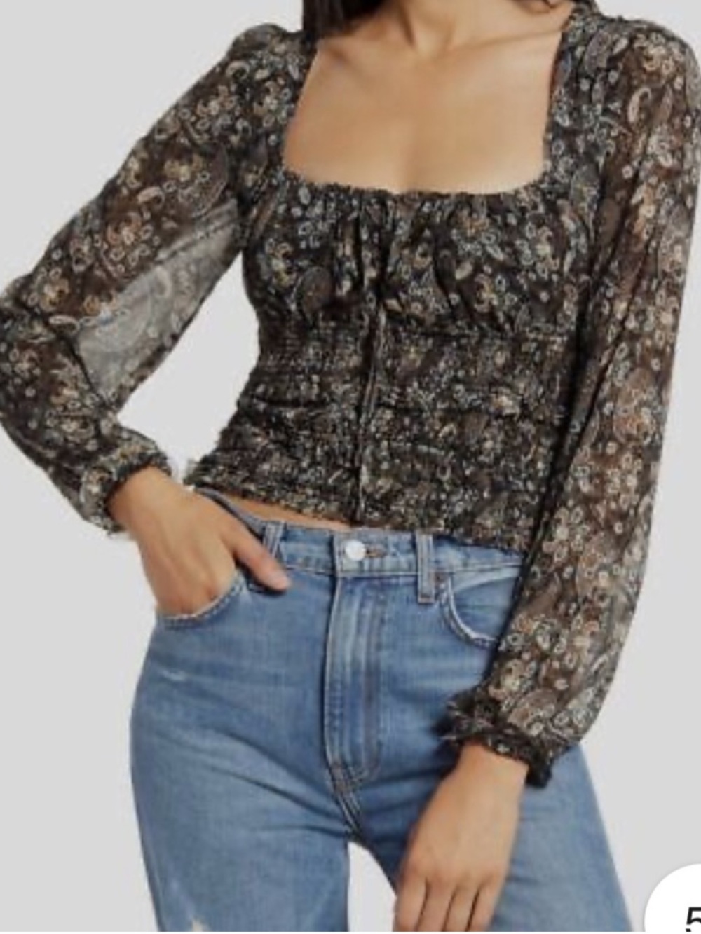 Free People Lolita Smocked Paisley Cropped Top Sheer Sleeve Square Black Boho S